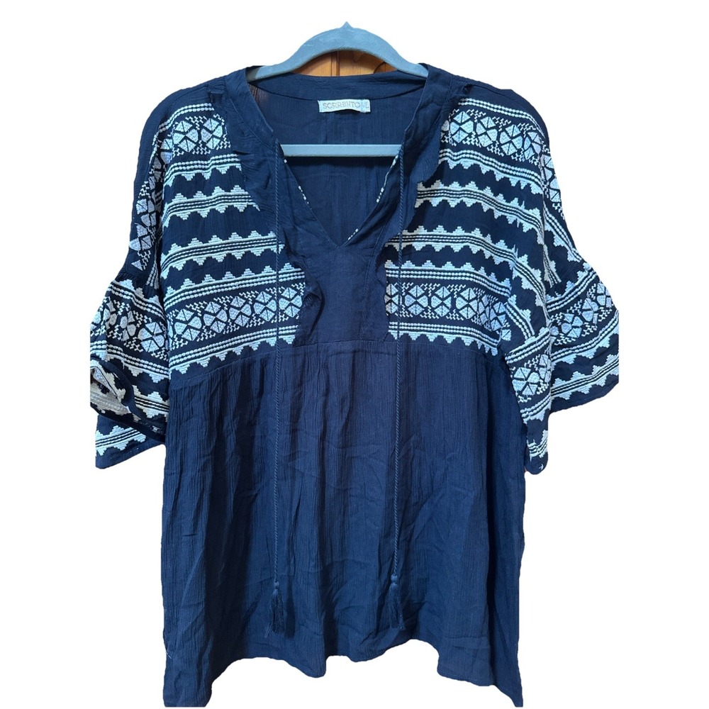 Sorrento Navy Blue Embroidered Peasant Blouse Bell Sleeve Boho Gauze Top Large